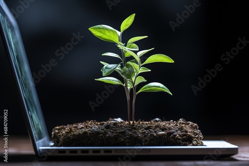 the Plant grows on the tablet. Business concept, The birth of a new life from technology. Banner, Advertising. Environment