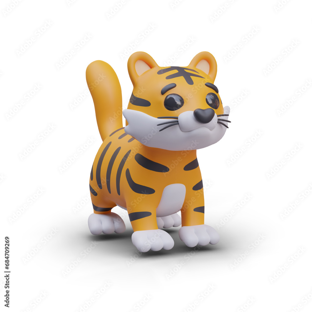 Cute little tiger standing and looking on side. Wild dangerous feline animal. Chinese zodiac sign concept. Vector illustration in 3d style on white background Cute little tiger standing and looking on side. Wild dangerous feline animal. Chinese zodiac sign concept. Vector illustration in 3d style on white background