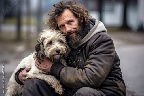 Homeless Man With Dog, Poverty And Crisis Concept
