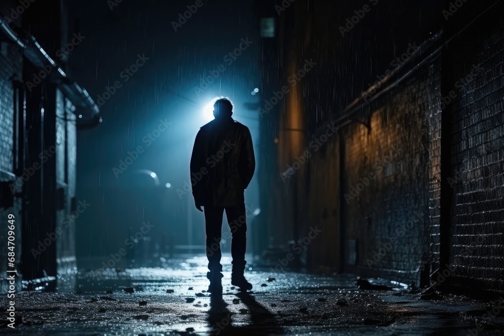 Man In Dark Alley At Night Evokes Fear And Suspense Man In Dark Alley At Night Evokes Fear And Suspense