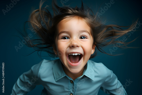 Photo portrait smiling laughing small girl copyspace isolated color background