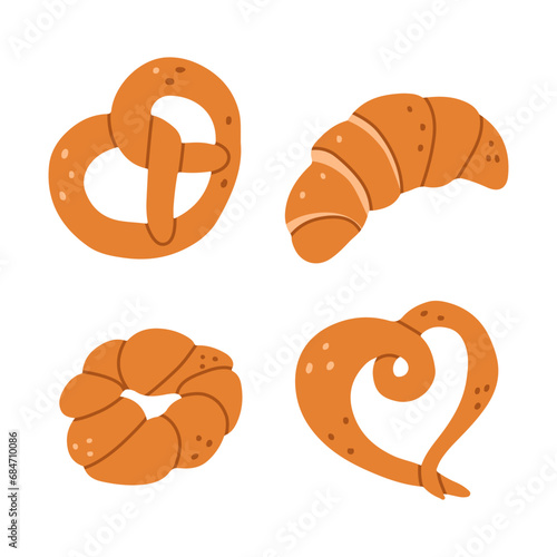 Crispy and puffy hand drawn pastries set. Different kind of bread or rolls. Vector flat bread illustration