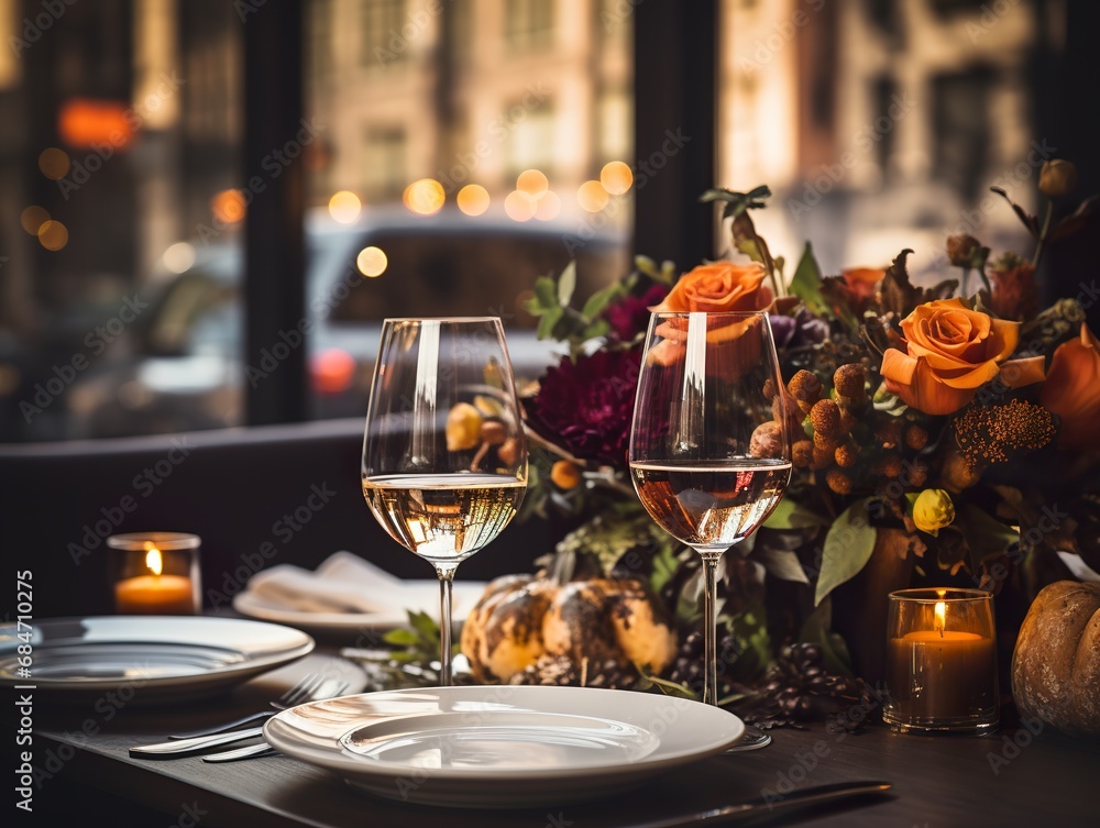 Dinner table setting for Thanksgiving dinner in a restaurant Traditional Thanksgiving turkey dinner. Dinner table setting for Thanksgiving dinner in a restaurant Traditional Thanksgiving turkey dinner.