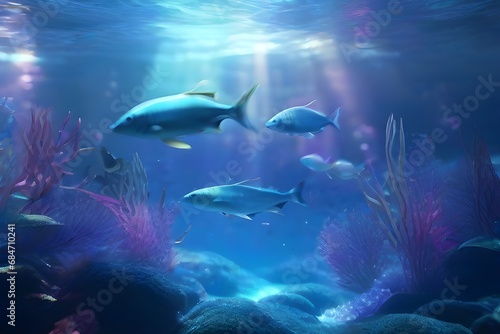 Ethereal AI-generated underwater scene with aquatic life and mesmerizing luminescence."