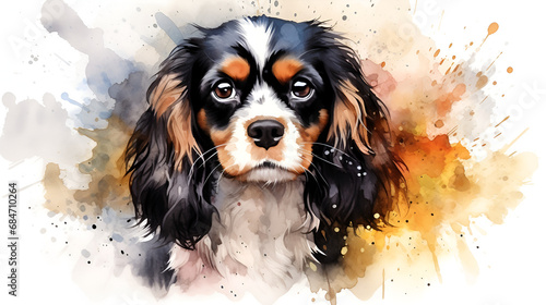 Photo watercolor portrait tricolor cute cavalier king charles spaniel puppy