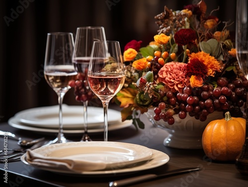 Dinner table setting for Thanksgiving dinner in a restaurant Traditional Thanksgiving turkey dinner. © Wanda