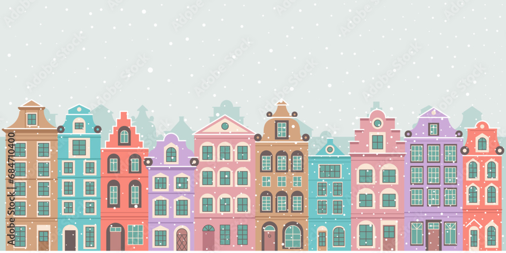 Dutch colorful houses.Winter city landscape.Amsterdam street in snow.New Year and Christmas.Banner with copy space.Vector stock illustration.