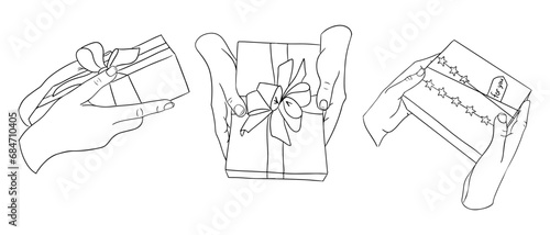 Set of hand drawn doodles with hand and gifts. Female hands giving gift box on celebration. Christmas, Valentines, birthday concept compositions. Perfect for tattoo, sticker, decoration, printout