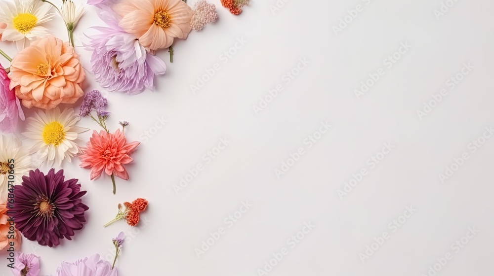 Top view blank card with flowers Abstract organic flowers Blooming floral on white background Top view blank card with flowers Abstract organic flowers Blooming floral on white background