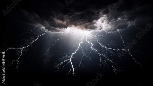 Lightning and thunderclap isolated on a black background to overlay on your photos. Lightning in the night sky. Thunderstorm
