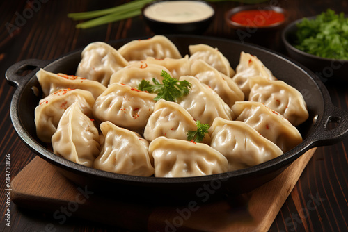 Boiled prepared homemade Russian pelmeni, dumplings, ravioli with meat on plate with fresh parsley, pepper, wooden rustic background. Image for the Menu, Banner