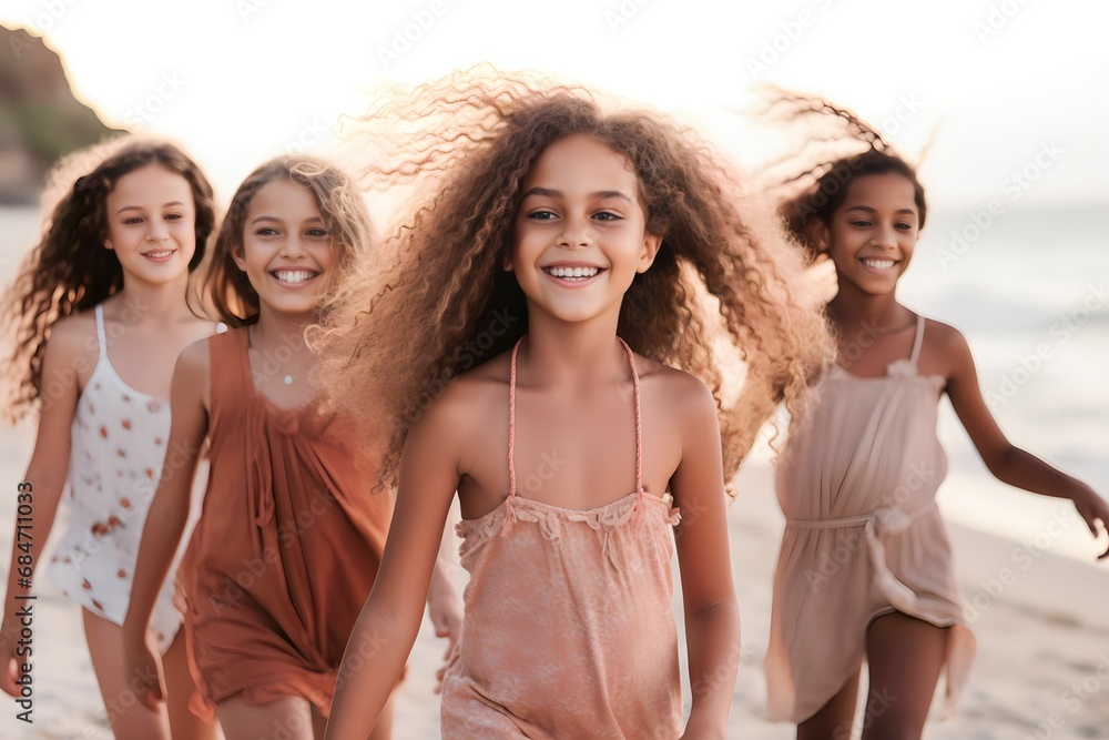 Fototapeta premium group of kids walking on the beach happily