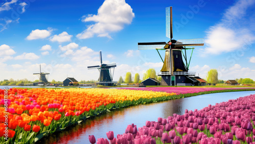 Traditional Dutch windmill with blooming colorful tulip field in Netherlands Holland , Europe