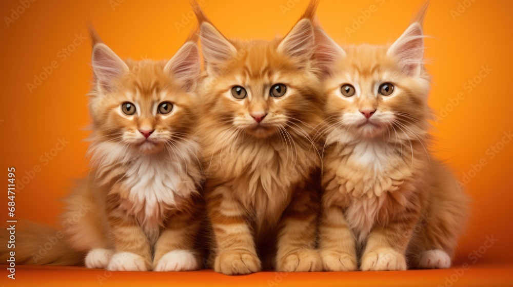little Maine coon kittens sitting at the studio,isolated on clean orange background little Maine coon kittens sitting at the studio,isolated on clean orange background