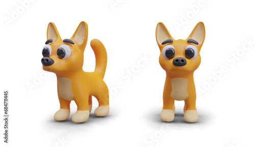 Collection of cute puppies in different positions on white background. Orange dog front and side view. Home pets concept. Vector illustration in 3D style