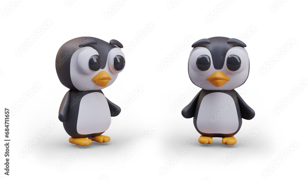 Fototapeta premium Cute little emperor penguin in different positions. Vector bird on white background. Children toy. Comic character for web design. Set of vector templates