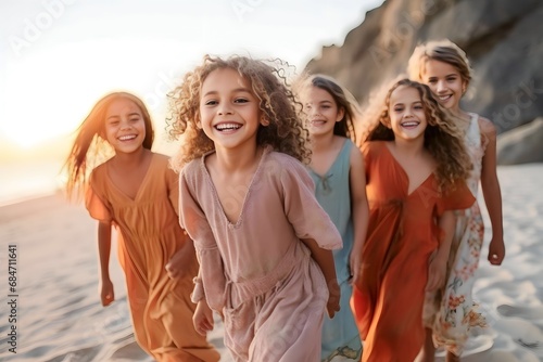 group of kids walking on the beach happily