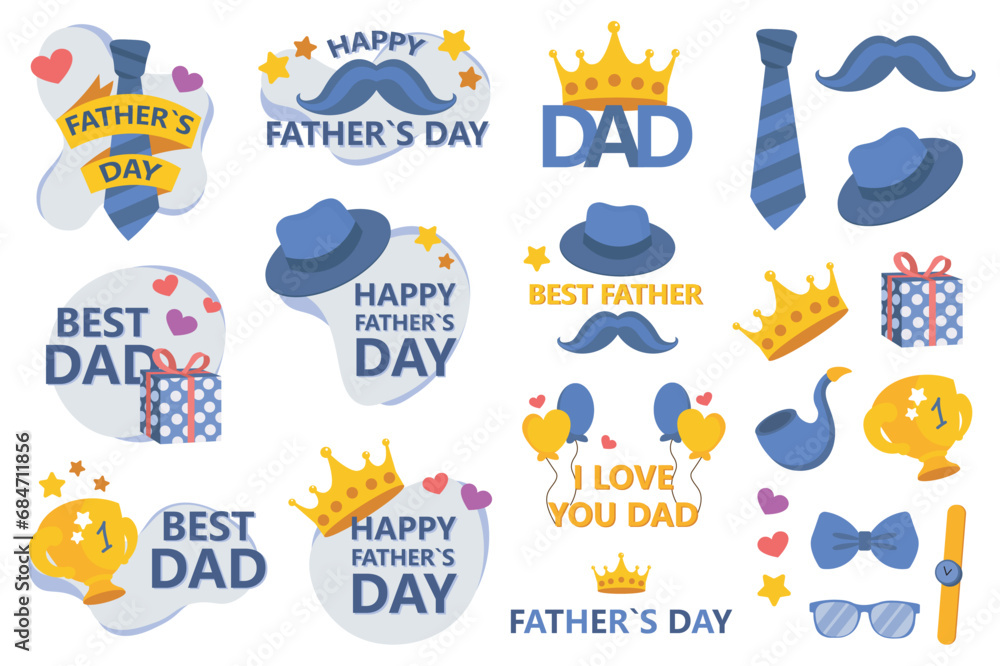 Father day mega set in flat design. Bundle elements of greeting cards compositions with quotes and mustaches, tie, hats, gifts, trophy cups and others. Vector illustration isolated graphic objects