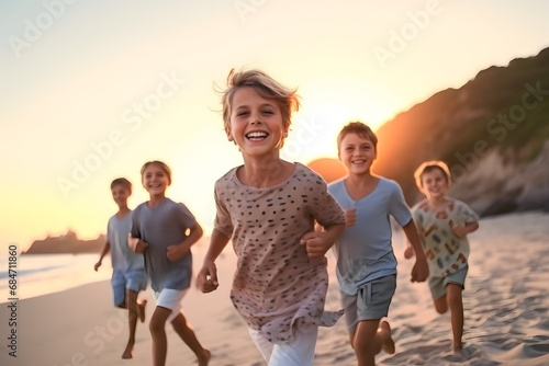 group of kids walking on the beach happily