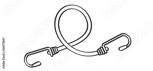 Drawing cartoon, elastic with hook. Cord with Hooks. Bungee spider sign. Rope icon. For Braided elastic strap with hooks. Elastic band. Bungee cords. Rubber strap with steel hooks. luggage rack.