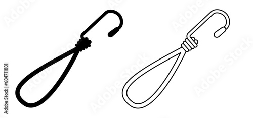 Drawing cartoon, elastic with hook. Cord with Hooks. Bungee spider sign. Rope icon. For Braided elastic strap with hooks. Elastic band. Bungee cords. Rubber strap with steel hooks. luggage rack.