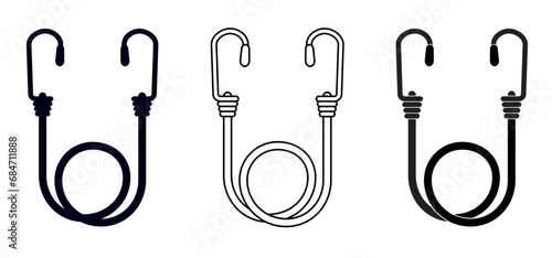 Drawing cartoon, elastic with hook. Cord with Hooks. Bungee spider sign. Rope icon. For Braided elastic strap with hooks. Elastic band. Bungee cords. Rubber strap with steel hooks. luggage rack.