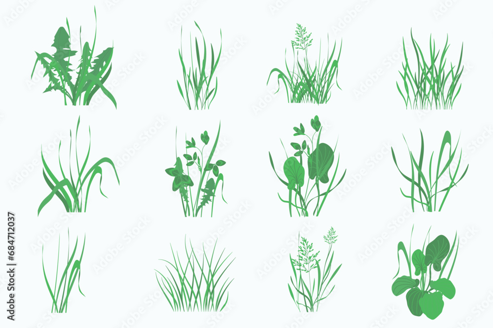Green plants mega set in flat design. Bundle elements of outdoor greenery and meadow herbs and leaves of dandelions, cereals, chives, clovers, plantains. Vector illustration isolated graphic objects