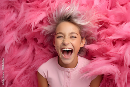 Photo portrait smiling laughing small girl copyspace isolated color background