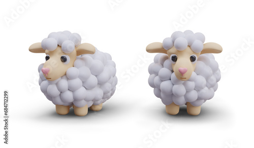 Fluffy sheep in different positions on white background. Cute sheep toy for little children. Cartoon character design. Vector illustration in 3D style with shadow