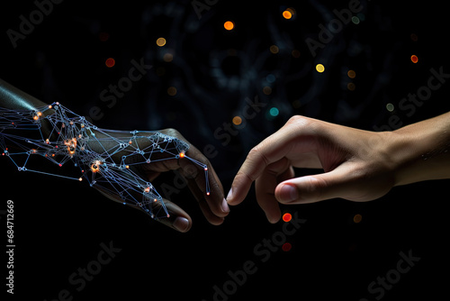 Two hands touching each other over a black background created with generative AI technology