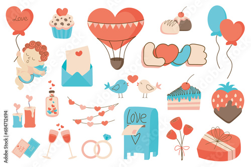 Valentine Day symbols mega set in flat design. Bundle elements of cupid, cupcakes, hot air balloon, candies, love letter, birds, sweets, flowers, gifts. Vector illustration isolated graphic objects