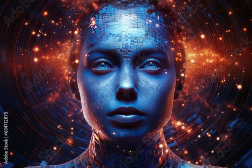 A female face with matrix digital numbers, dots, links, a hologram. The concept of artificial intelligence AI with a human face.