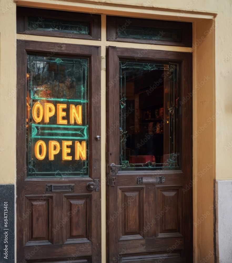 Vintage wooden doors with inviting neon 'OPEN' signs, entrance to a cozy establishment.