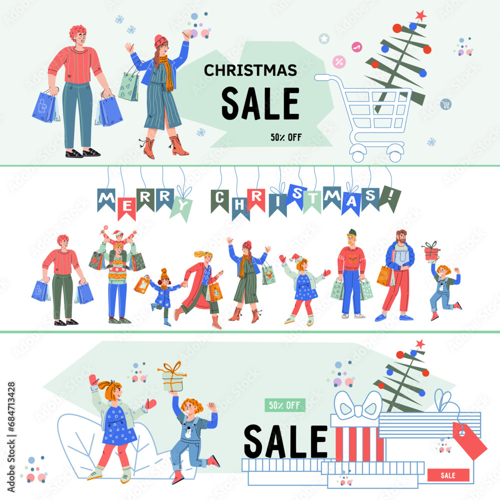 Christmas holiday season sale and shopping banners and leaflets set. Family and friends find great deals on Christmas and New Year items, festive banners flat vector illustration.