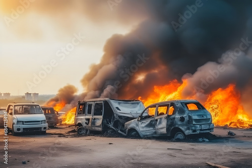 Fuel carrier in flames. Truck burning on the road. Neural network AI generated art