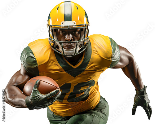 A black American football player in a yellow-green helmet and uniform runs with a ball in his right hand