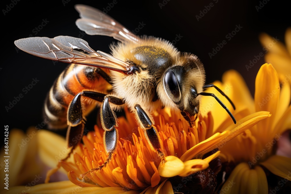 bee extracting nectar from yellow flower - obrazy, fototapety, plakaty 