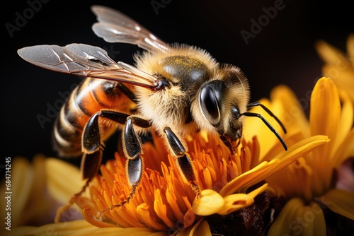 bee extracting nectar from yellow flower photo