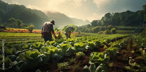 Farmer on field picking carrots, organic vegetable garden, autumn harvest. AI generated image photo