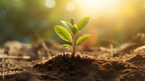 The seedling are growing from the rich soil to the morning sunlight that is shining  ecology concept. AI generated image