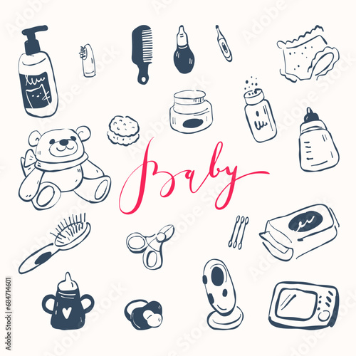 A set of items for baby care. Vector illustration in doodle style.