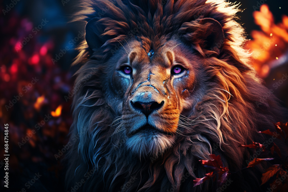 The luminous mane of a lion depicted in radiant hues, symbolizing both the fierceness and regal brilliance of this abstract wildcat.