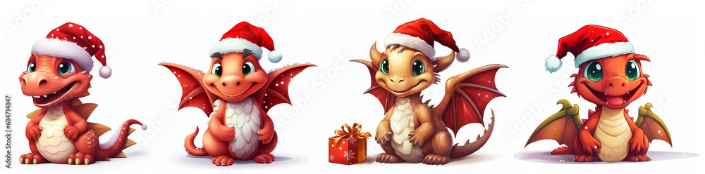 A set of fantastic cartoon cute dragons in a red Christmas hat with gifts on a white background. New Year's symbol of 2024 for overlay A set of fantastic cartoon cute dragons in a red Christmas hat with gifts on a white background. New Year's symbol of 2024 for overlay
