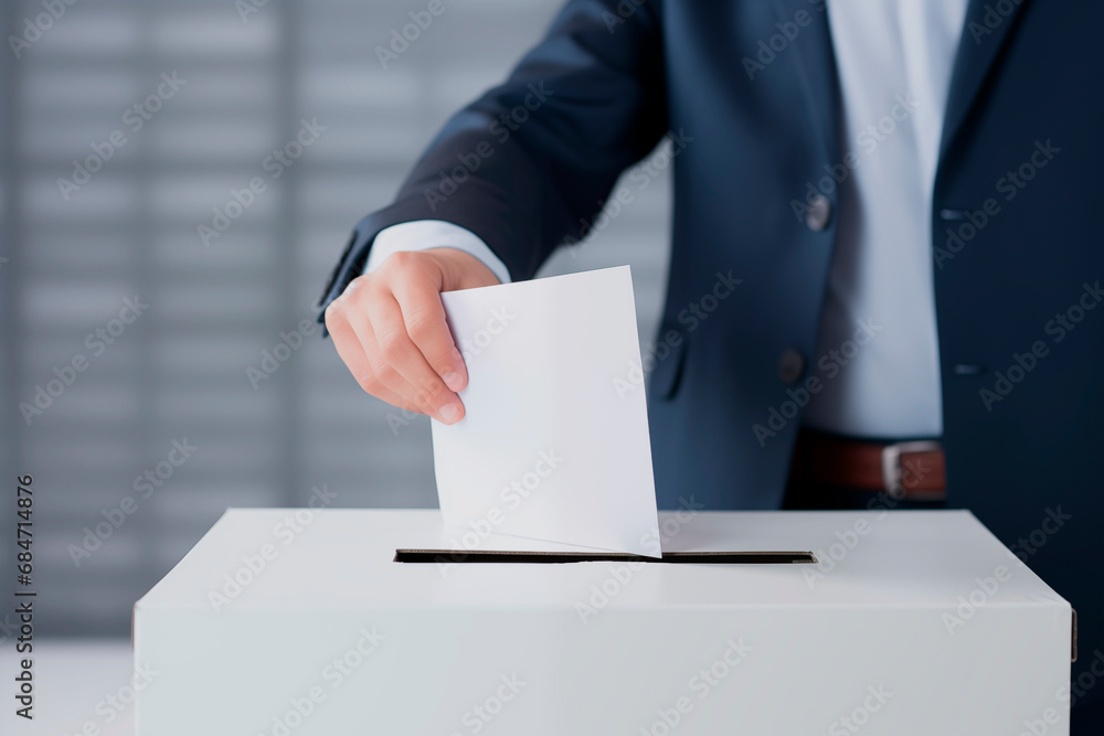 caucasian man in formal suit put paper vote into white mock up ballot box. Voting concept caucasian man in formal suit put paper vote into white mock up ballot box. Voting concept