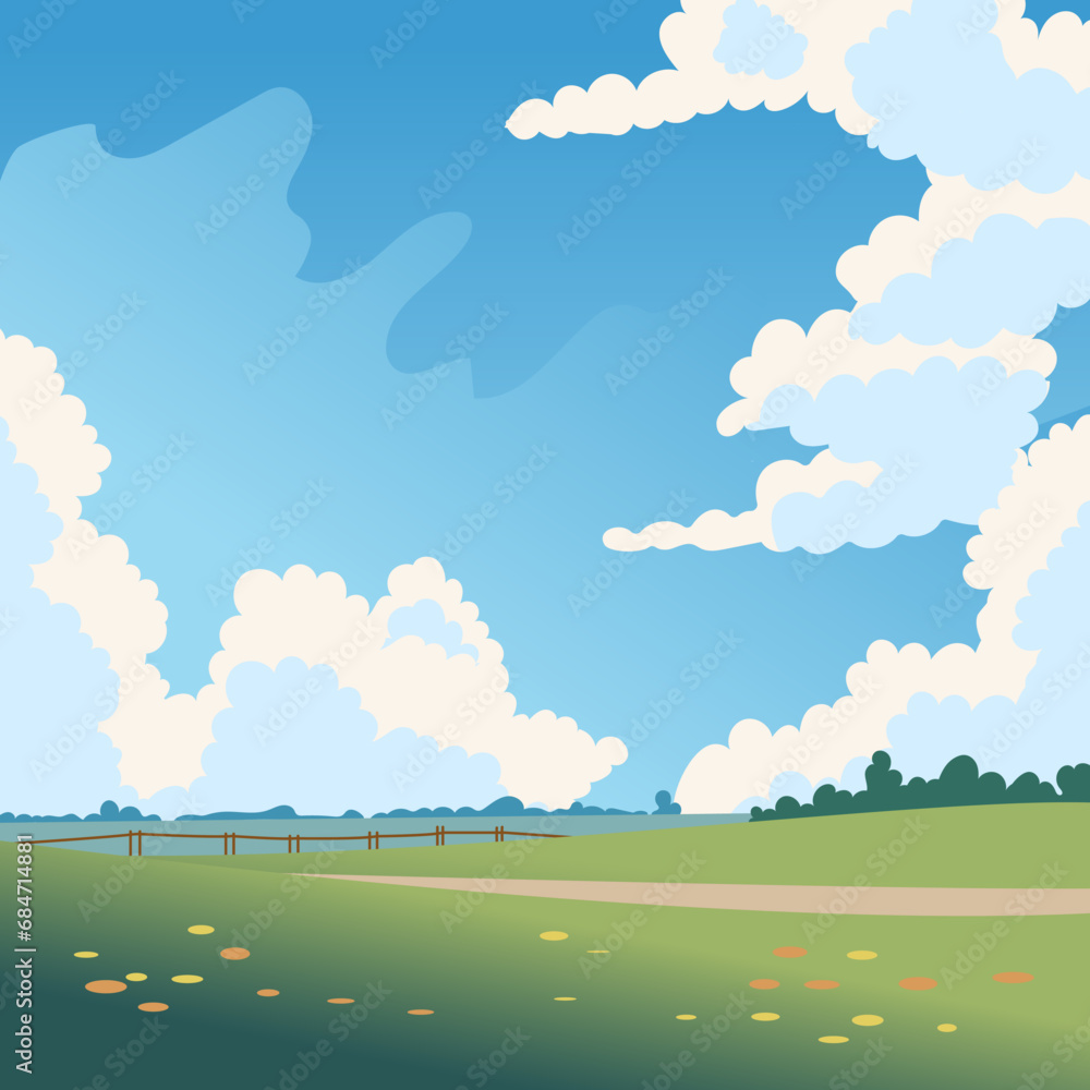 Fototapeta premium Rural farmland tranquil landscape. Green hills of grass and flowers with blue sky and white clouds. Village fence and nature surroundings. Square composition meadow view landscape. Vector