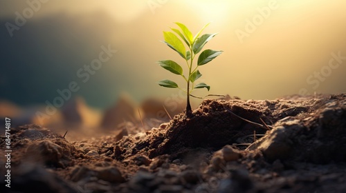 single green plant in planter. landscape orientation, shallow depth of field, wood fence with ivy in background. AI generated image