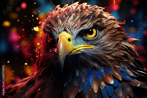 An eagle depicted in electric hues, soaring against a surreal backdrop, capturing the untamed spirit of the abstract avian predator.