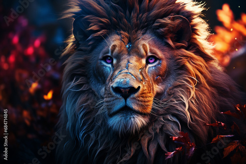 The luminous mane of a lion depicted in radiant hues  symbolizing both the fierceness and regal brilliance of this abstract wildcat.