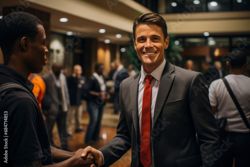 party candidate meets with his constituent in a hotel lobby after a debate with competitors for office, local government elections, the importance of democratic institutions in a country and elections
