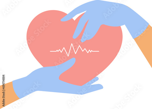 Female nurse hands in medical gloves hold heart. Cardiac assistance concept. Symbol of empathy, generosity, healthcare, charity. Vector isolated illustration. Heart treatment and donation.